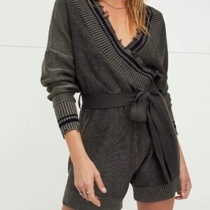 Free People Cara Cozy Jumper Romper Small Olive Stripe Distressed Boho Festival